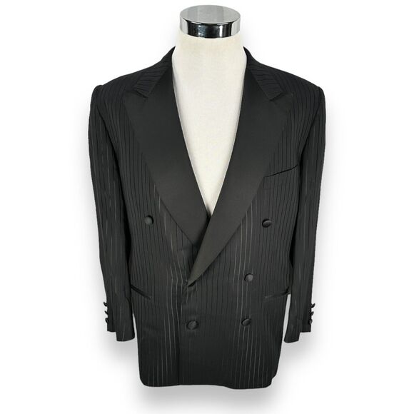 Belvest Blazer Jacket Mens 44R Black Stripe Wool Silk Blend Tuxedo Peak Lapel